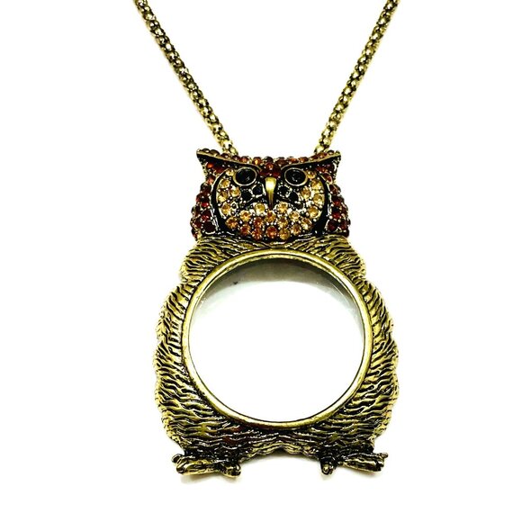 IRIS APFEL SYLE OWL PENDANT W/MAGNIFYING GLASS CENTER GOLD TONE CHAIN NE… - Picture 3 of 6